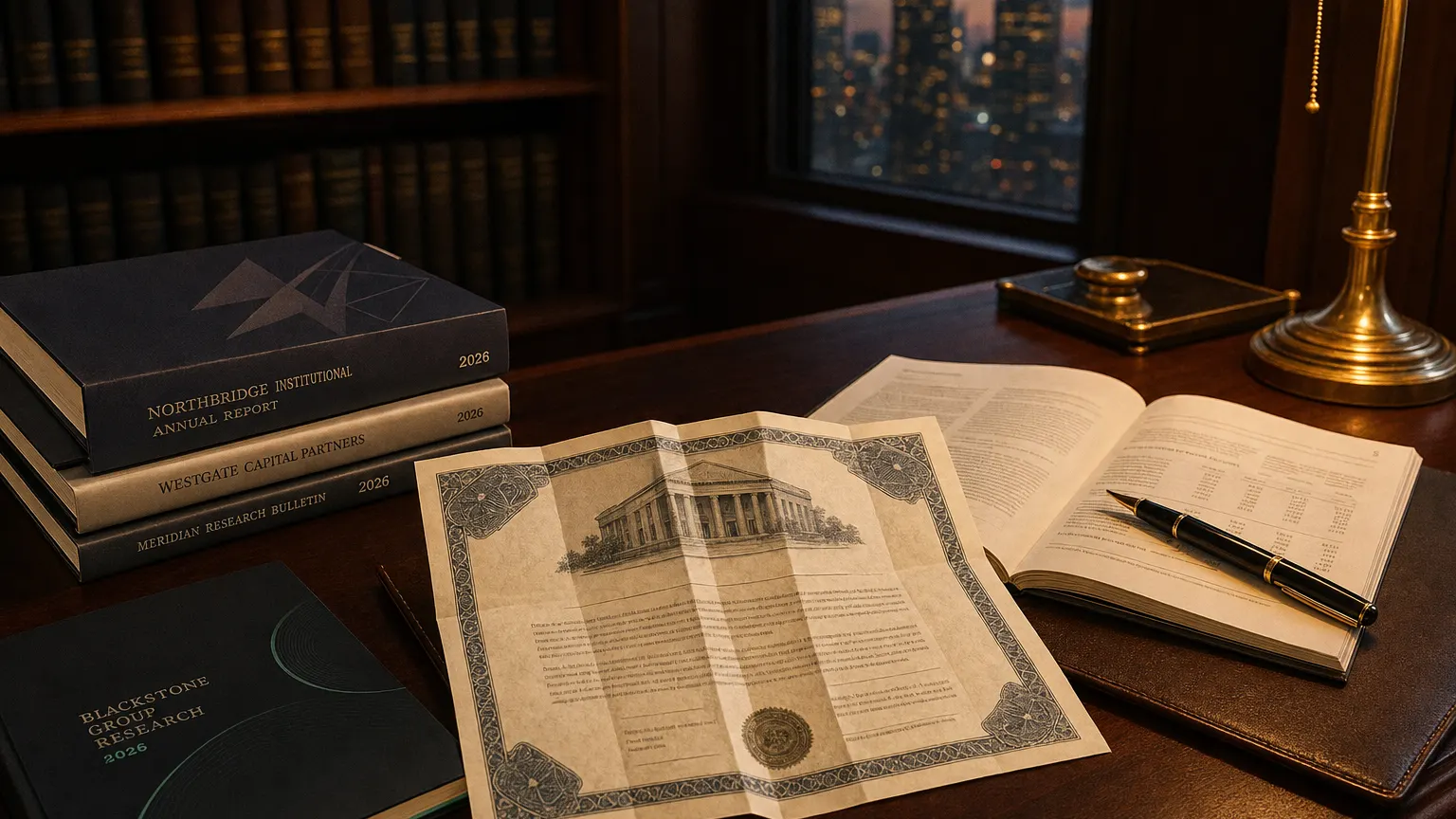 Corporate ledger or annual-report booklet open to the common stock equity chapter on a wooden desk.
