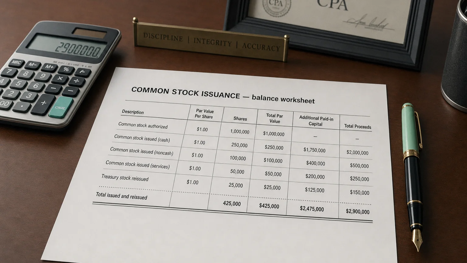 Accounting worksheet showing common stock issuance line items with neat column totals and a fountain pen.