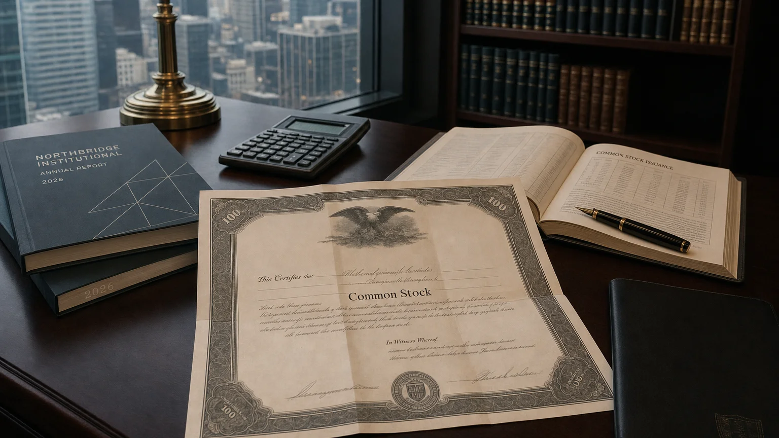 Corporate ledger or annual-report booklet open to the common stock issuance chapter on a wooden desk.