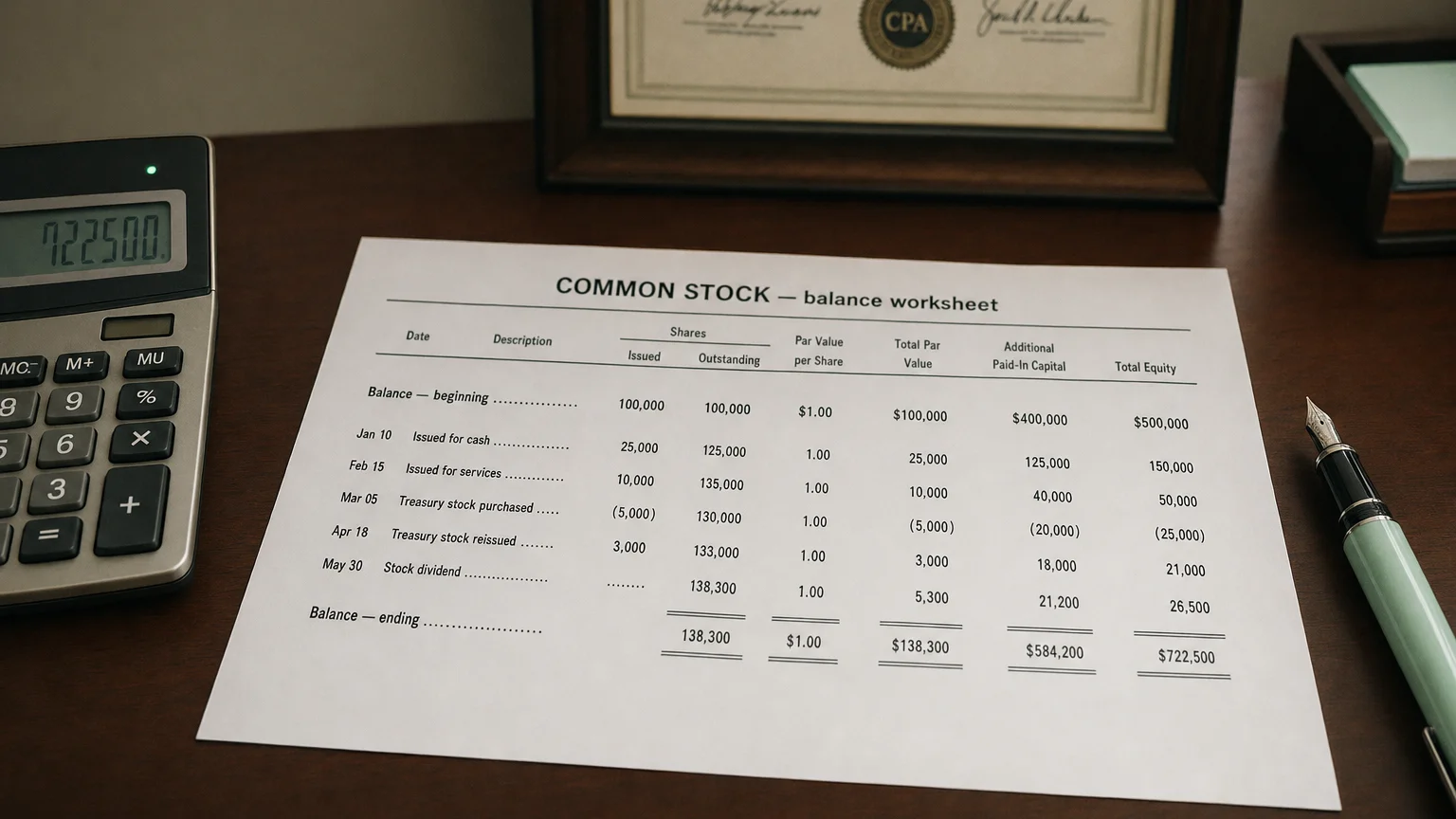 Accounting worksheet showing common stock line items with neat column totals and a fountain pen.