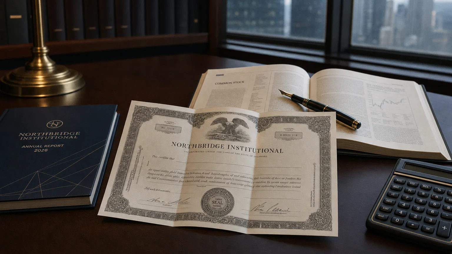 Corporate ledger or annual-report booklet open to the common stock chapter on a wooden desk.