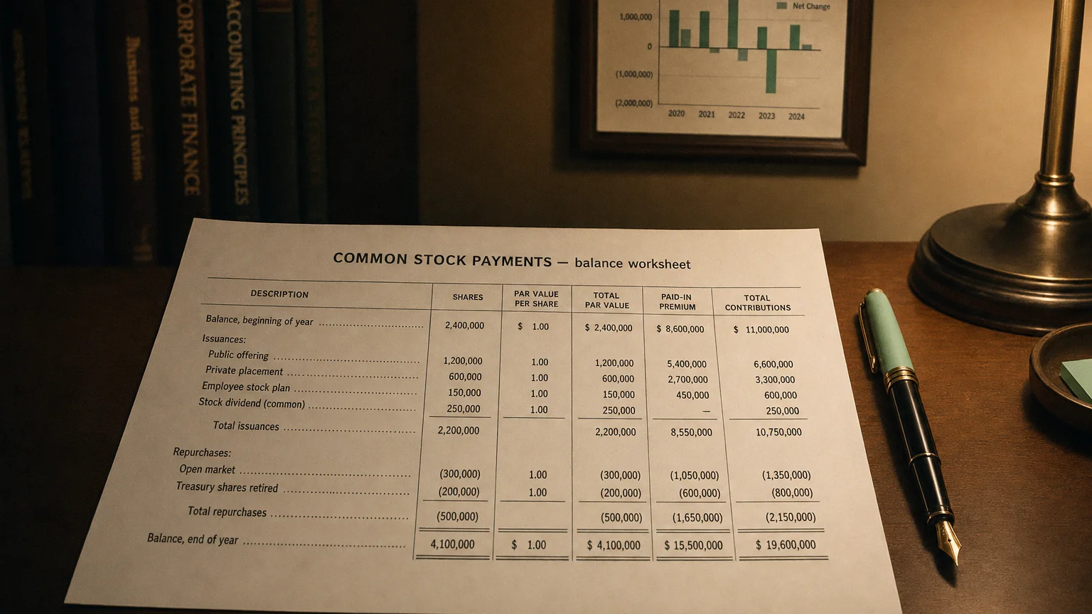 Accounting worksheet showing common stock payments line items with neat column totals and a fountain pen.