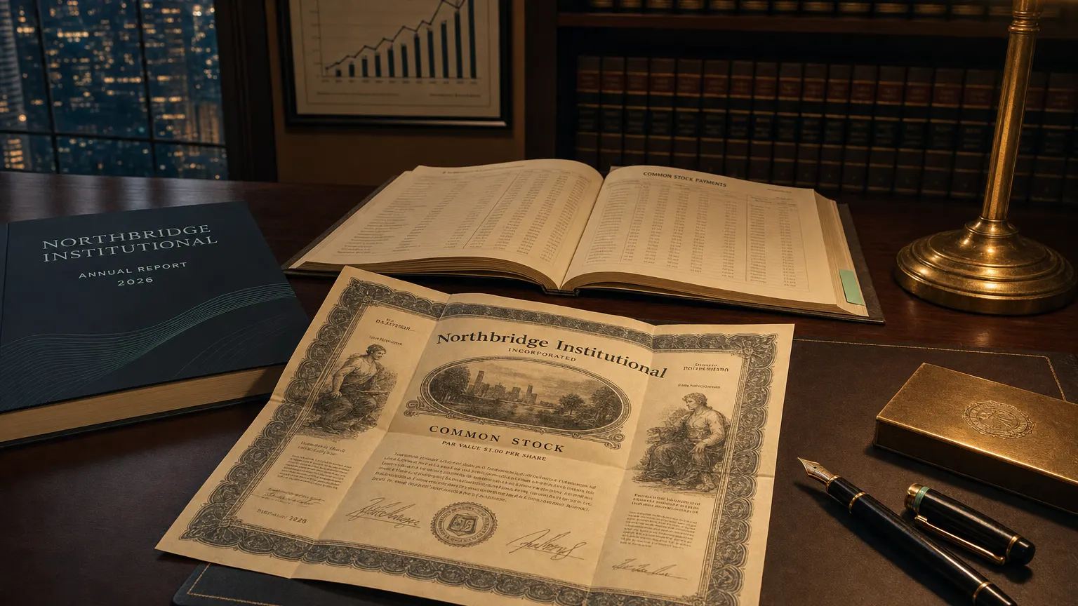 Corporate ledger or annual-report booklet open to the common stock payments chapter on a wooden desk.