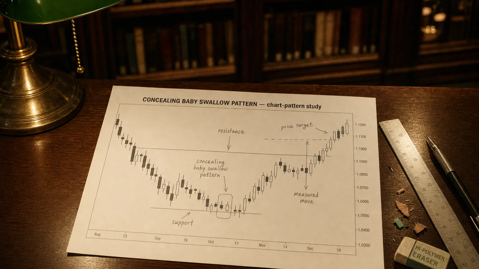 Printed candlestick chart annotated with hand-drawn concealing baby swallow pattern pattern markers on an analyst desk.