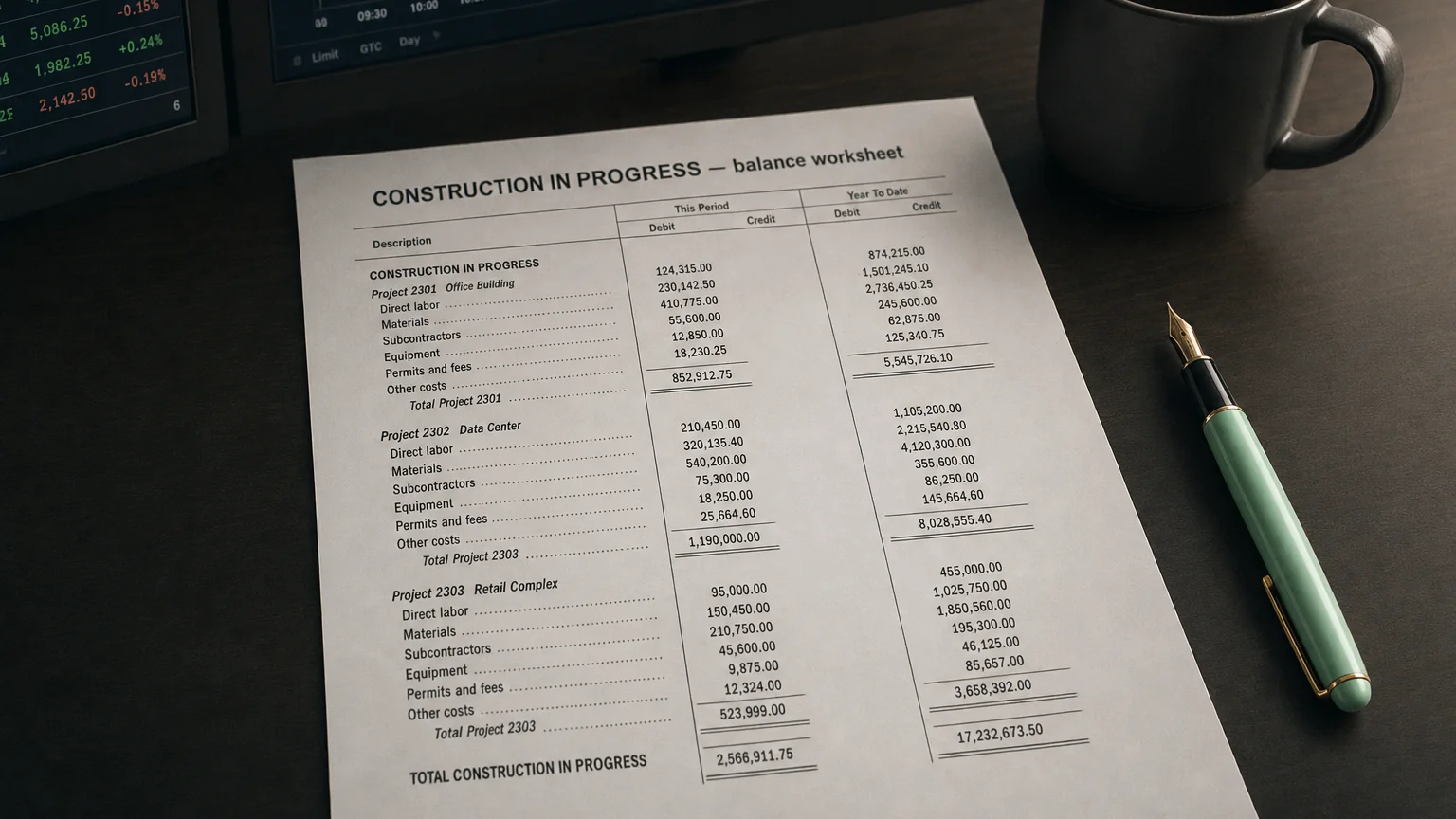 Accounting worksheet showing construction in progress line items with neat column totals and a fountain pen.