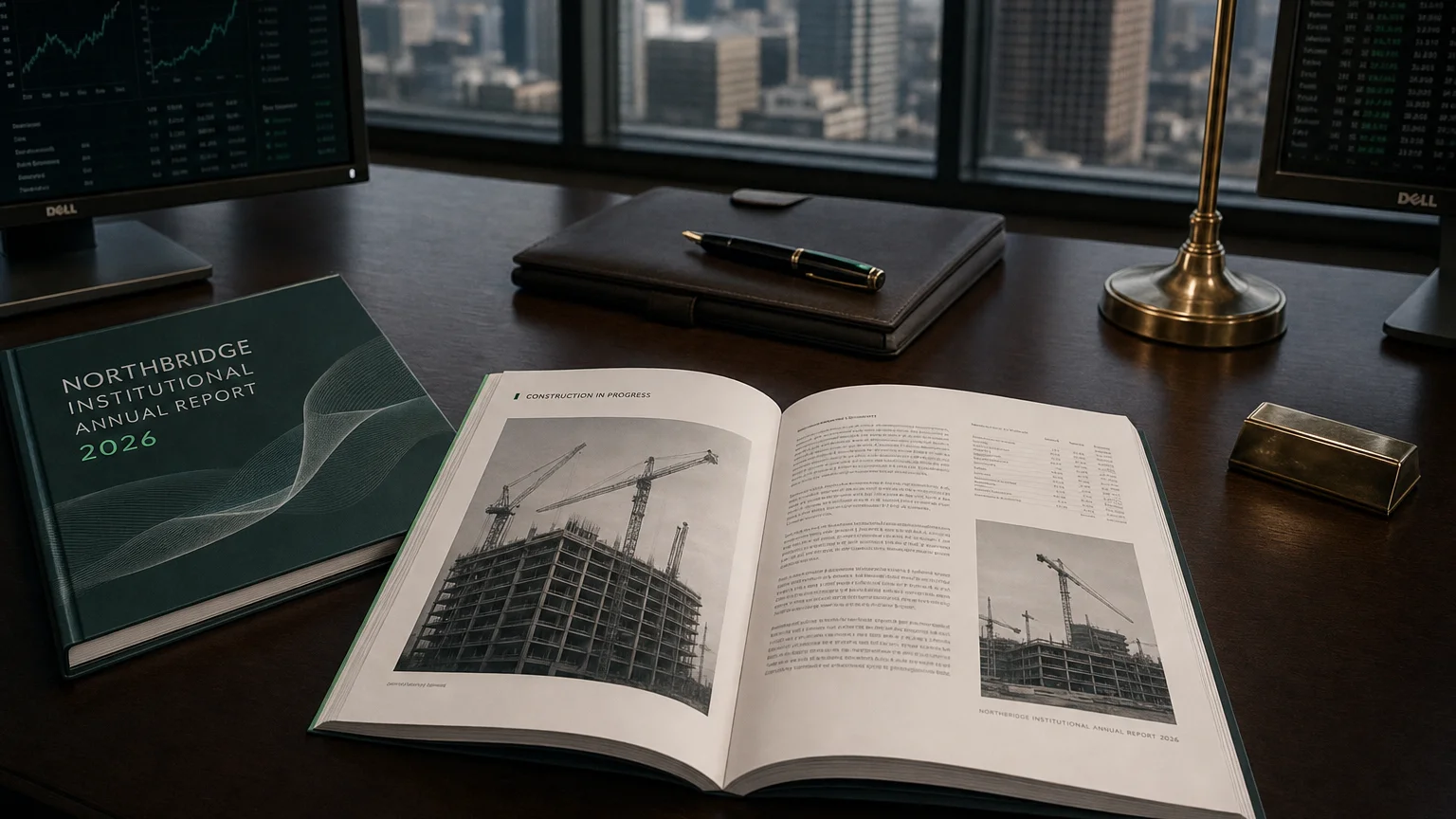 Corporate ledger or annual-report booklet open to the construction in progress chapter on a wooden desk.