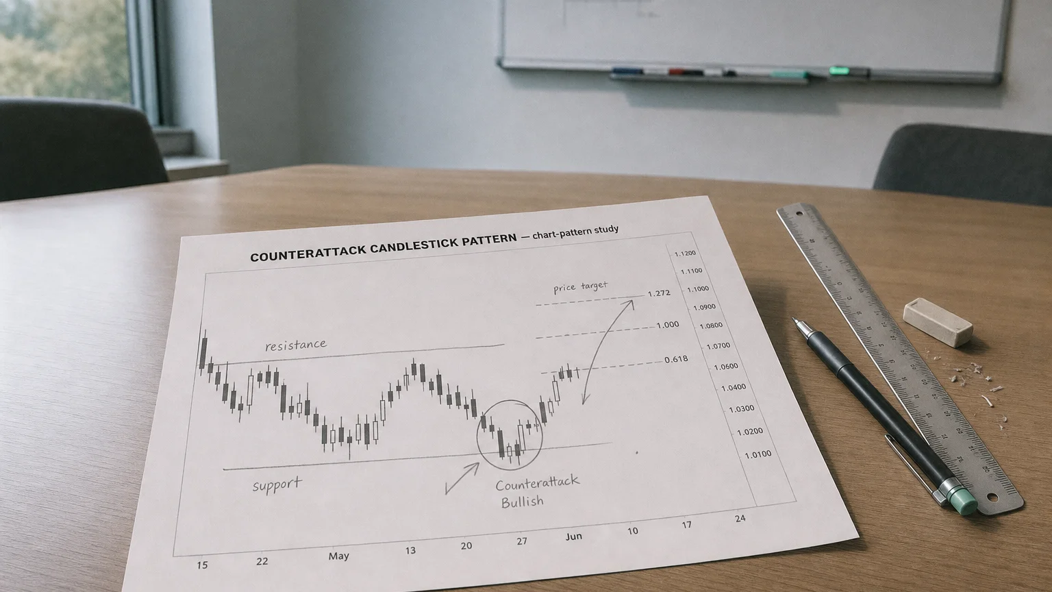 Printed candlestick chart annotated with hand-drawn counterattack candlestick pattern pattern markers on an analyst desk.