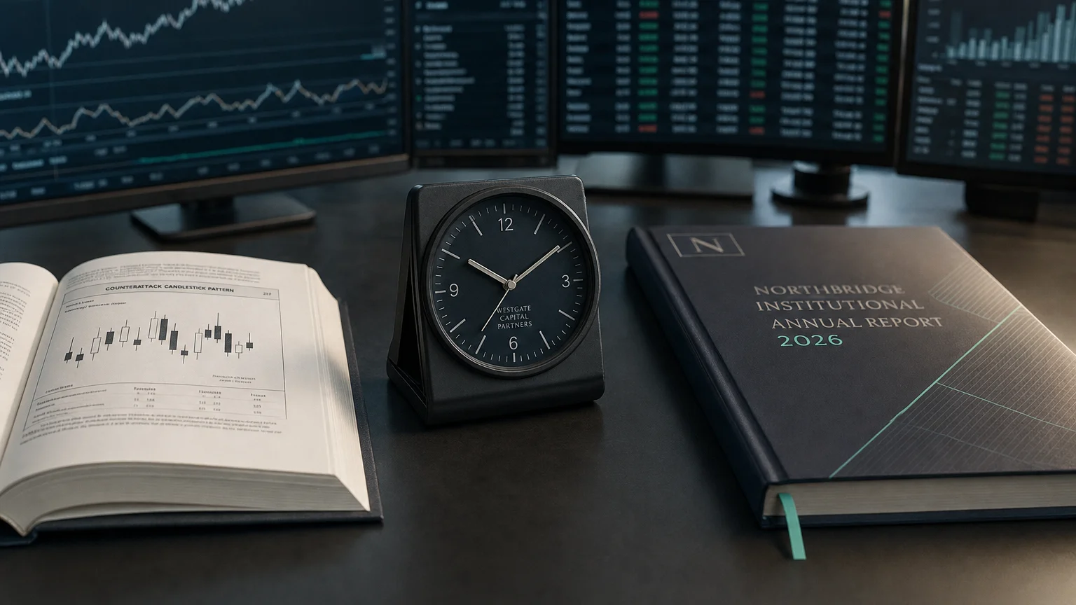 Trading-desk artifact representing counterattack candlestick pattern — textbook page and bull-or-bear desk sculpture.