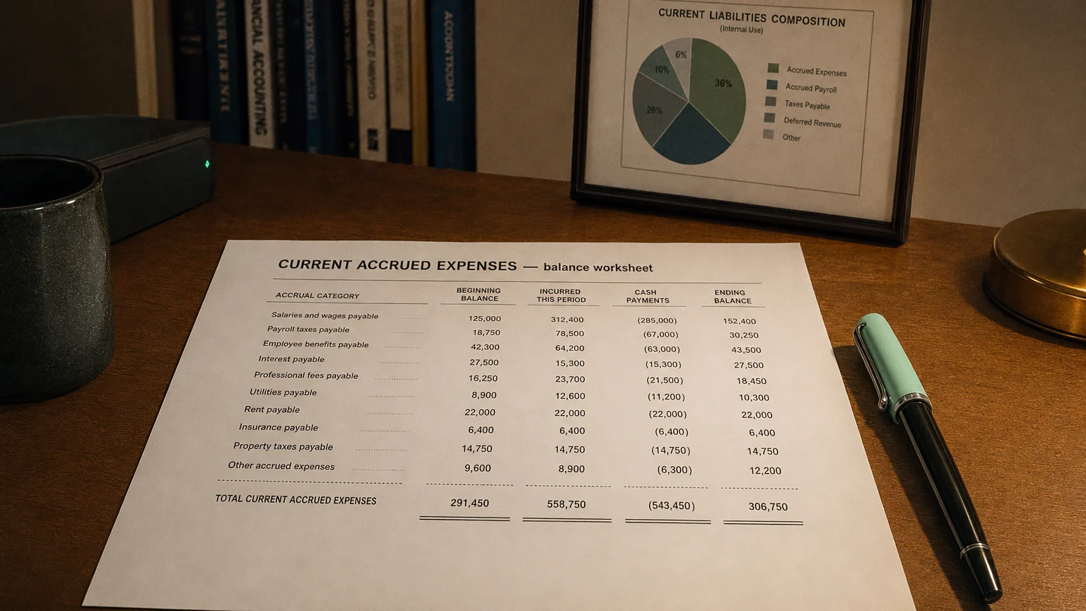 Accounting worksheet showing current accrued expenses line items with neat column totals and a fountain pen.