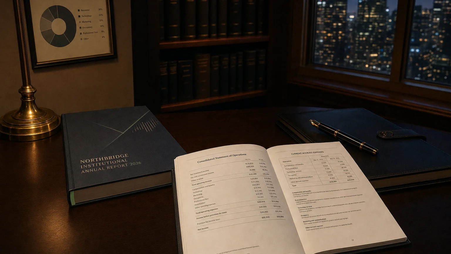 Corporate ledger or annual-report booklet open to the current accrued expenses chapter on a wooden desk.