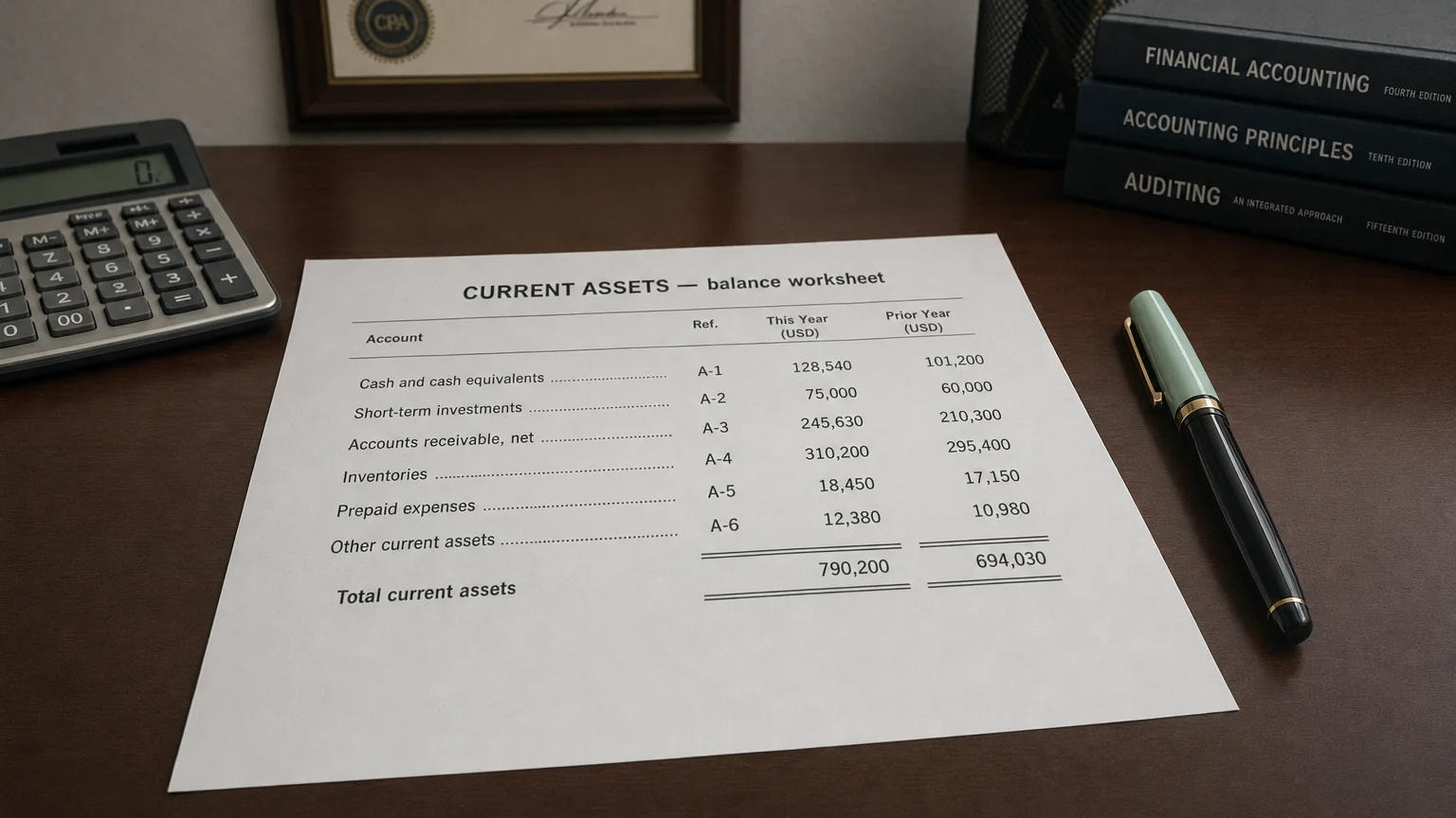 Accounting worksheet showing current assets line items with neat column totals and a fountain pen.