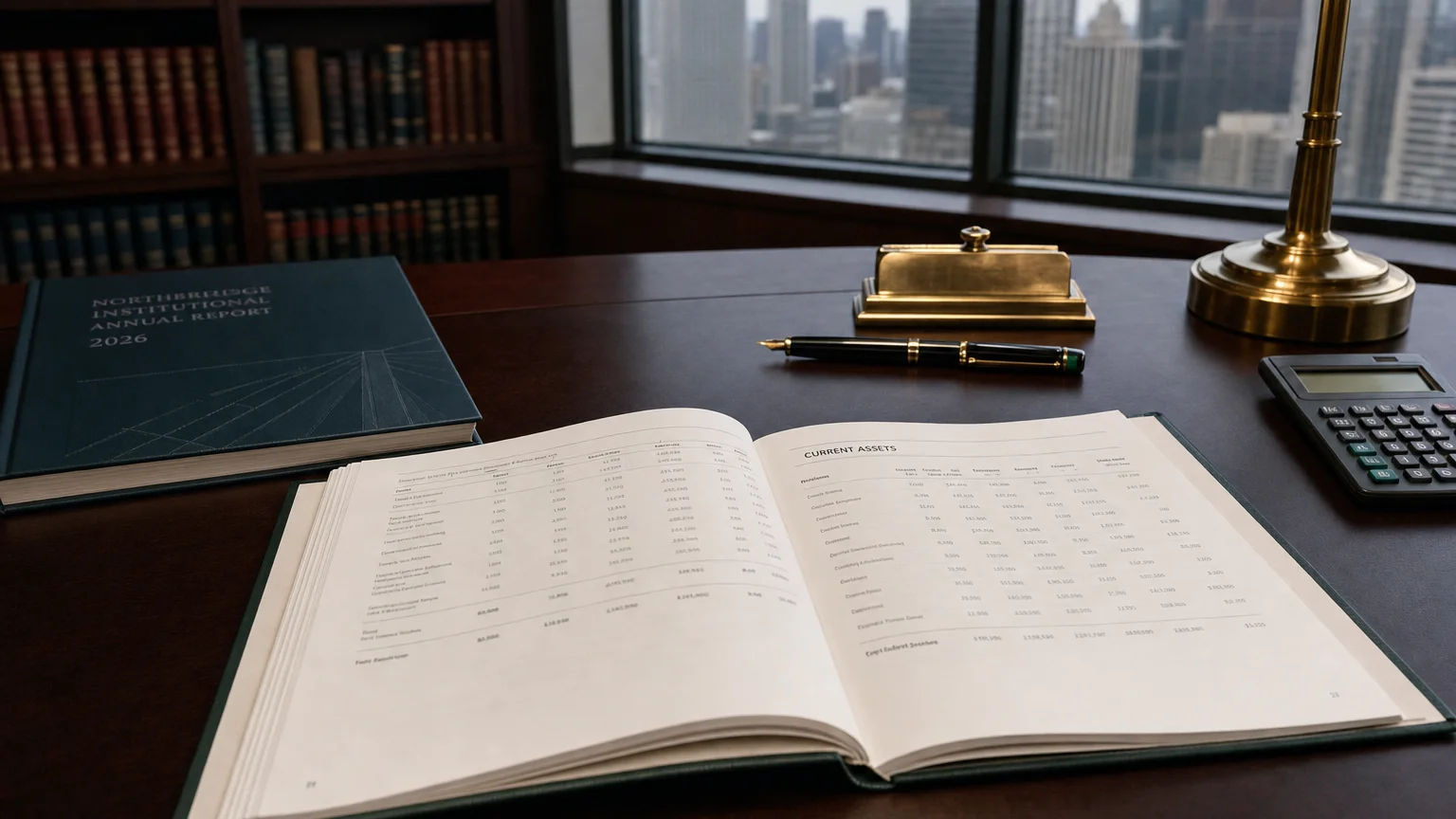 Corporate ledger or annual-report booklet open to the current assets chapter on a wooden desk.
