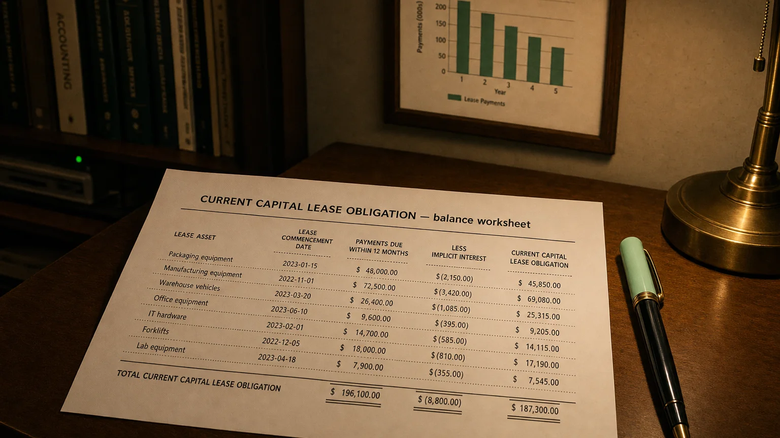 Accounting worksheet showing current capital lease obligation line items with neat column totals and a fountain pen.