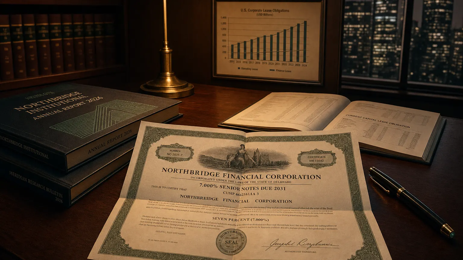 Corporate ledger or annual-report booklet open to the current capital lease obligation chapter on a wooden desk.