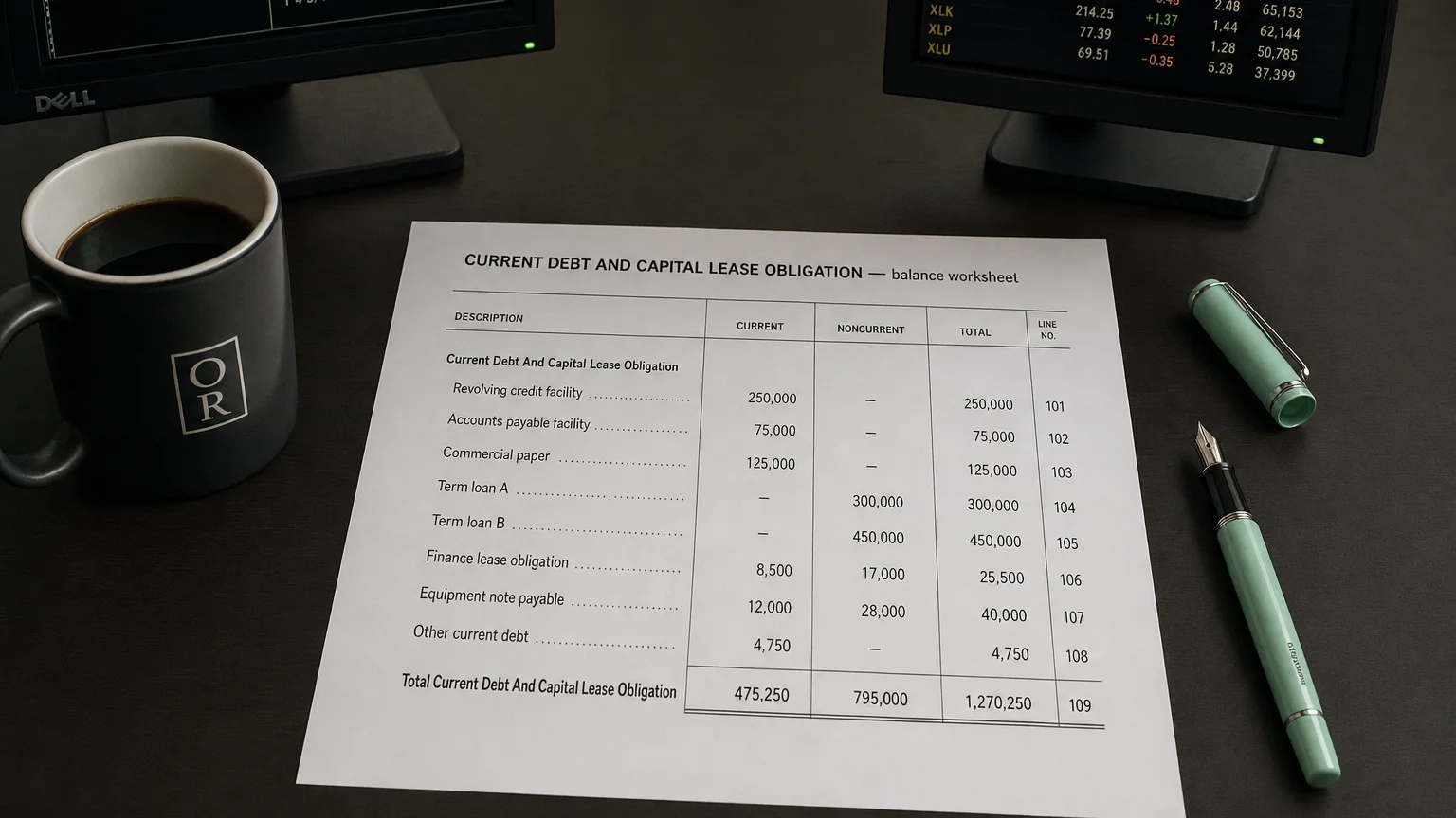 Accounting worksheet showing current debt and capital lease obligation line items with neat column totals and a fountain pen.
