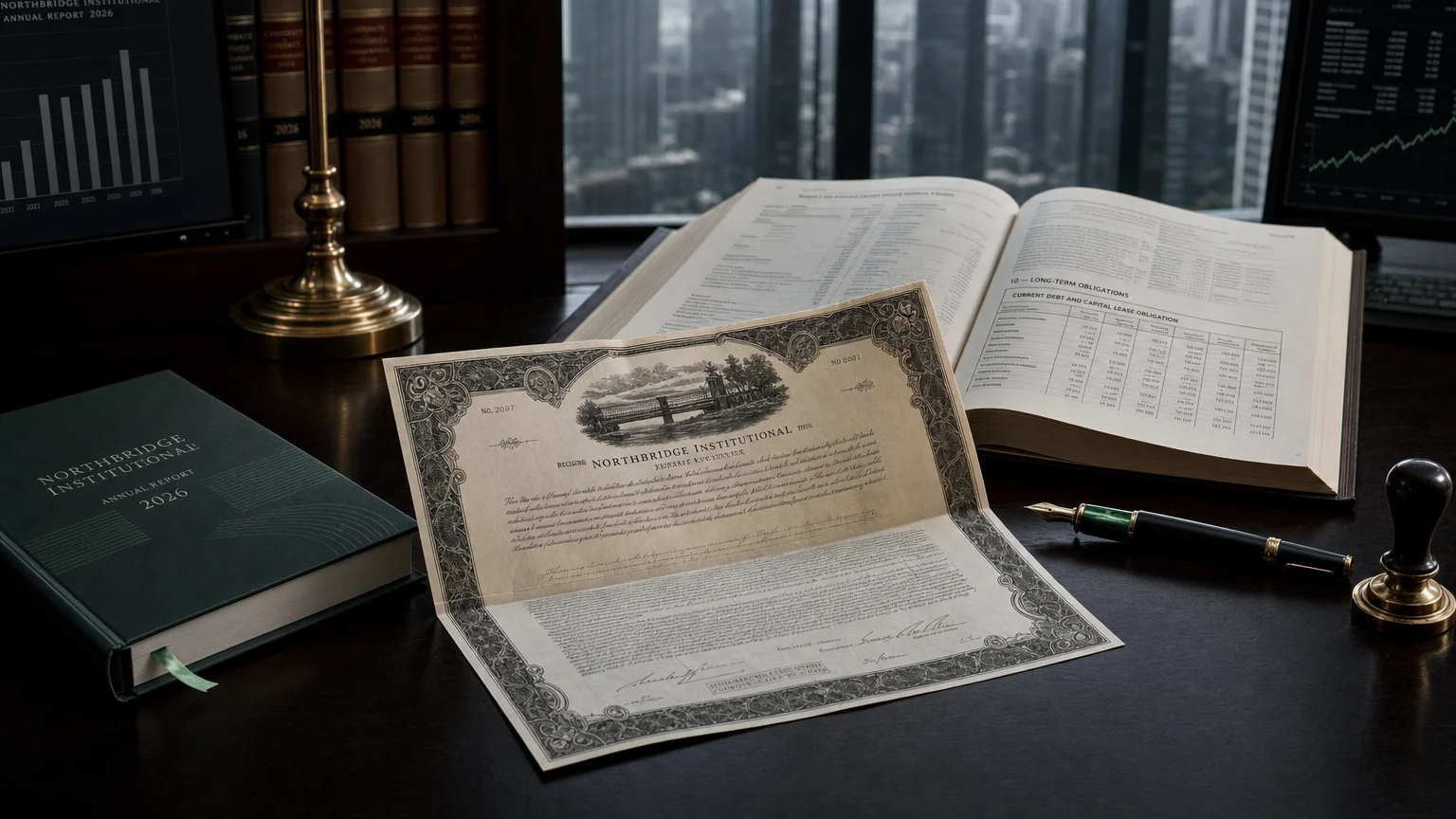Corporate ledger or annual-report booklet open to the current debt and capital lease obligation chapter on a wooden desk.