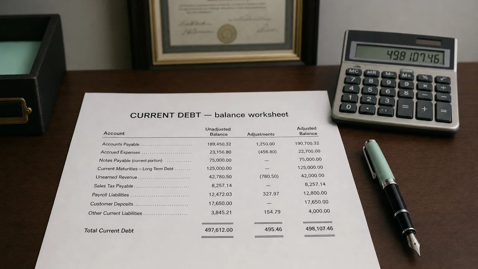 Accounting worksheet showing current debt line items with neat column totals and a fountain pen.