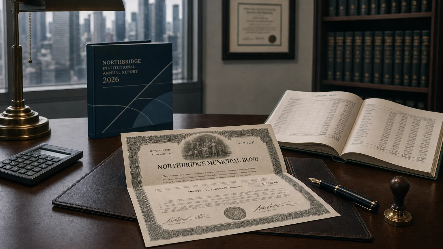 Corporate ledger or annual-report booklet open to the current debt chapter on a wooden desk.