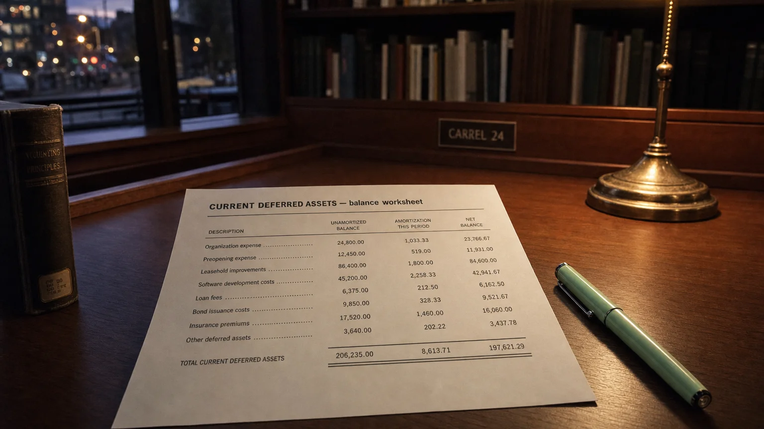 Accounting worksheet showing current deferred assets line items with neat column totals and a fountain pen.