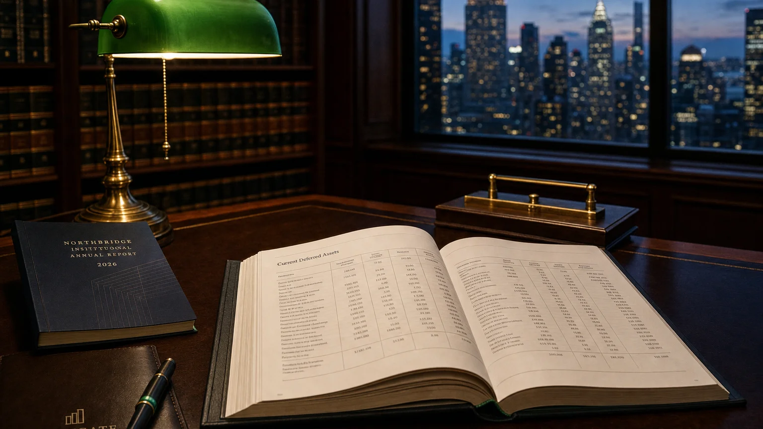 Corporate ledger or annual-report booklet open to the current deferred assets chapter on a wooden desk.