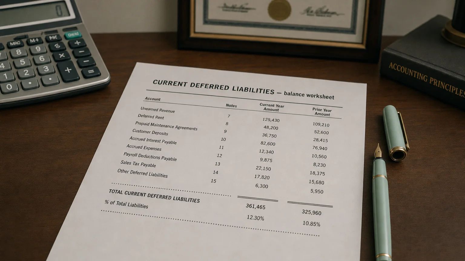 Accounting worksheet showing current deferred liabilities line items with neat column totals and a fountain pen.