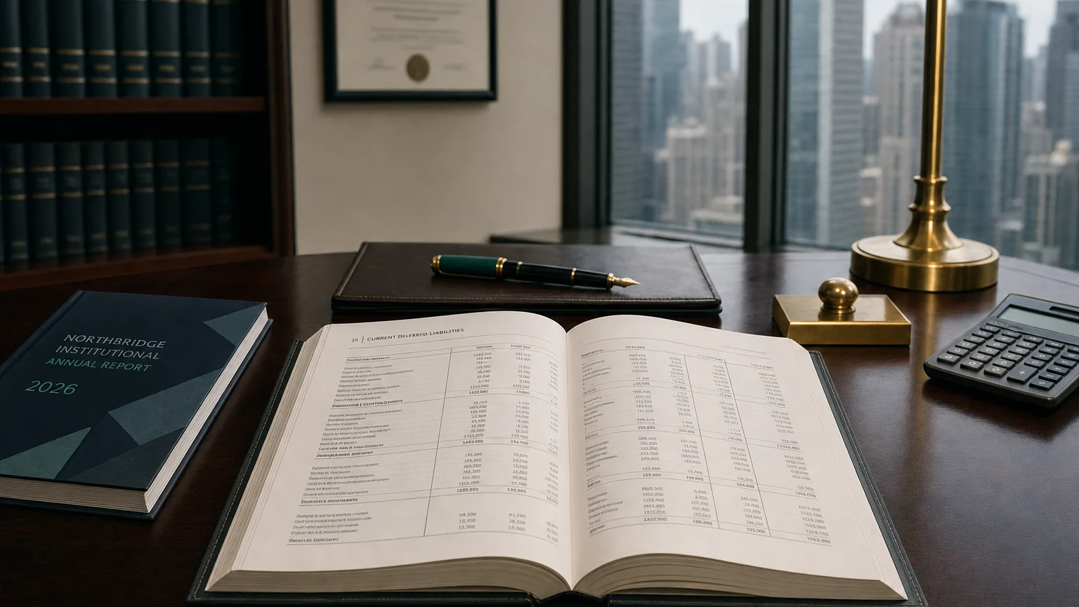 Corporate ledger or annual-report booklet open to the current deferred liabilities chapter on a wooden desk.