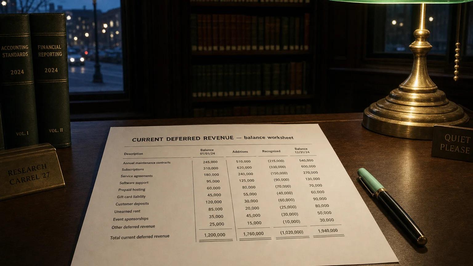 Accounting worksheet showing current deferred revenue line items with neat column totals and a fountain pen.