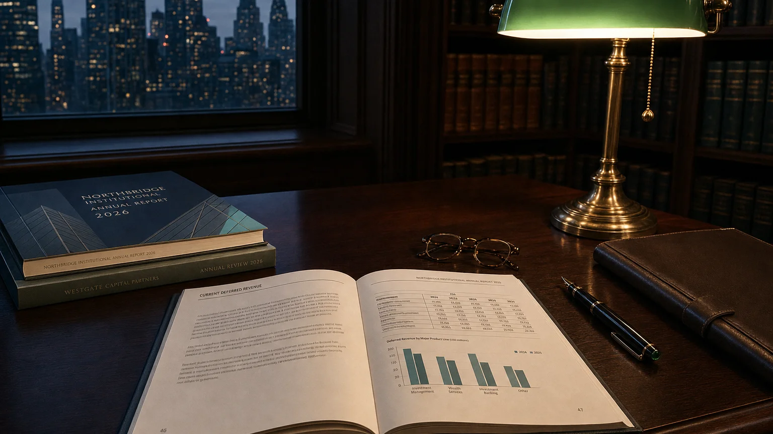 Corporate ledger or annual-report booklet open to the current deferred revenue chapter on a wooden desk.