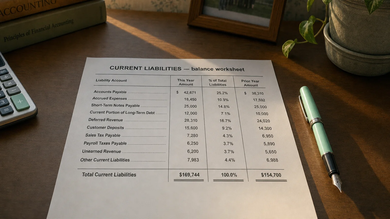 Accounting worksheet showing current liabilities line items with neat column totals and a fountain pen.