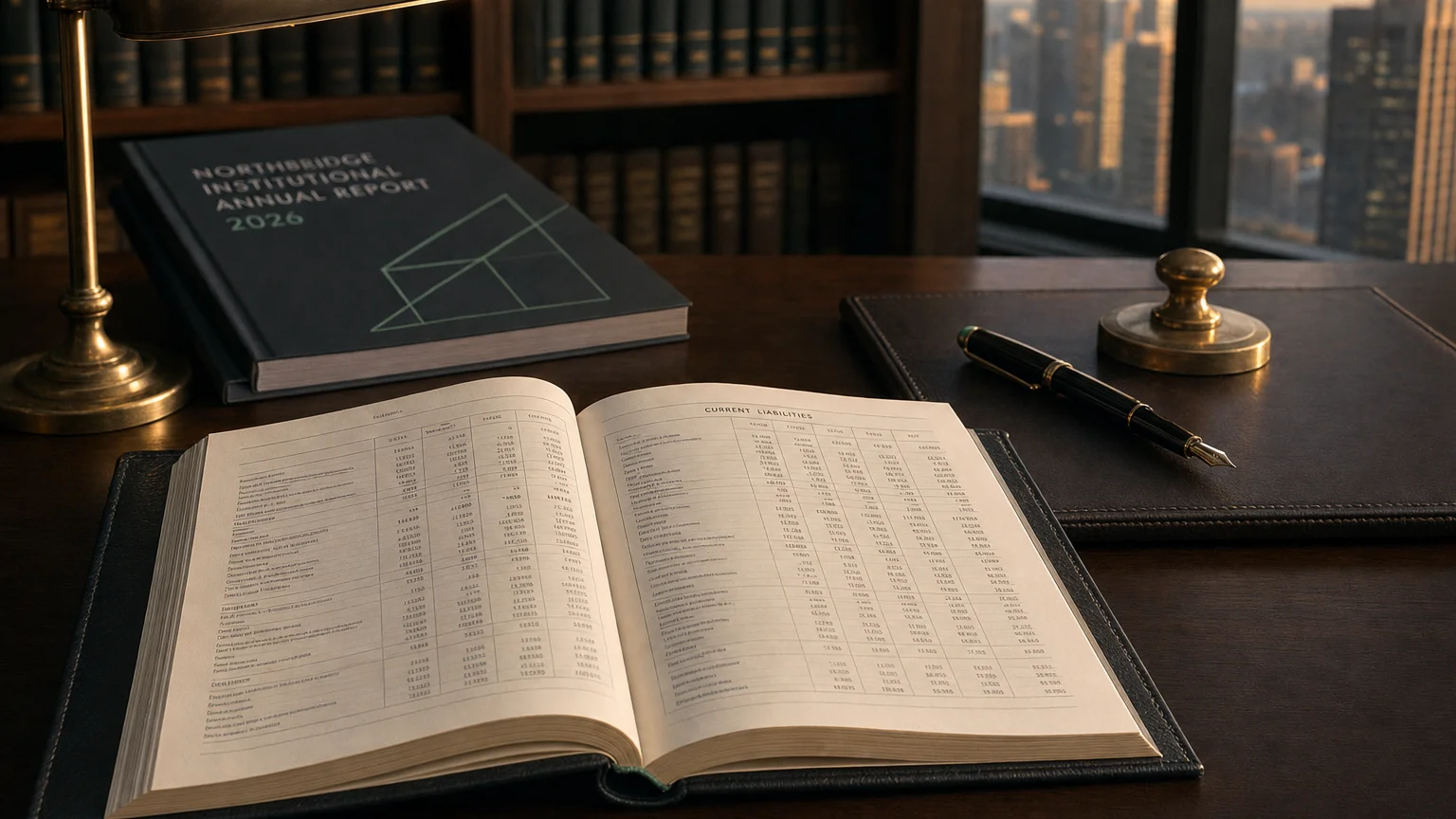 Corporate ledger or annual-report booklet open to the current liabilities chapter on a wooden desk.