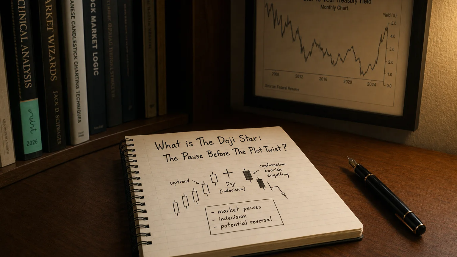 the doji star: the pause before the plot twist — editorial hero illustration