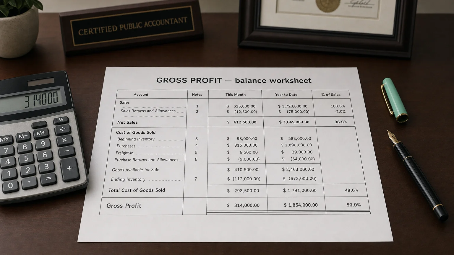 Accounting worksheet showing gross profit line items with neat column totals and a fountain pen.