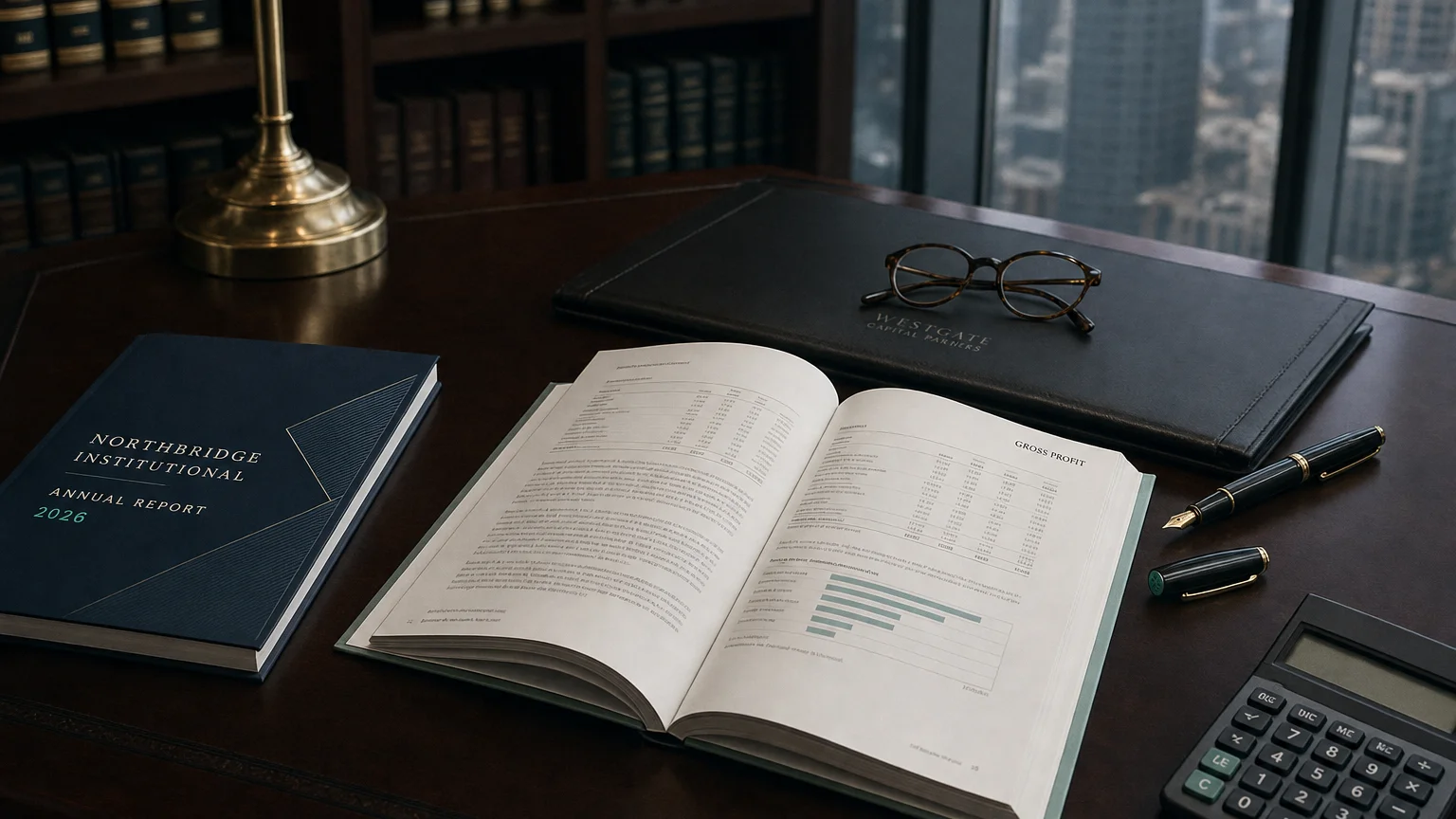 Corporate ledger or annual-report booklet open to the gross profit chapter on a wooden desk.