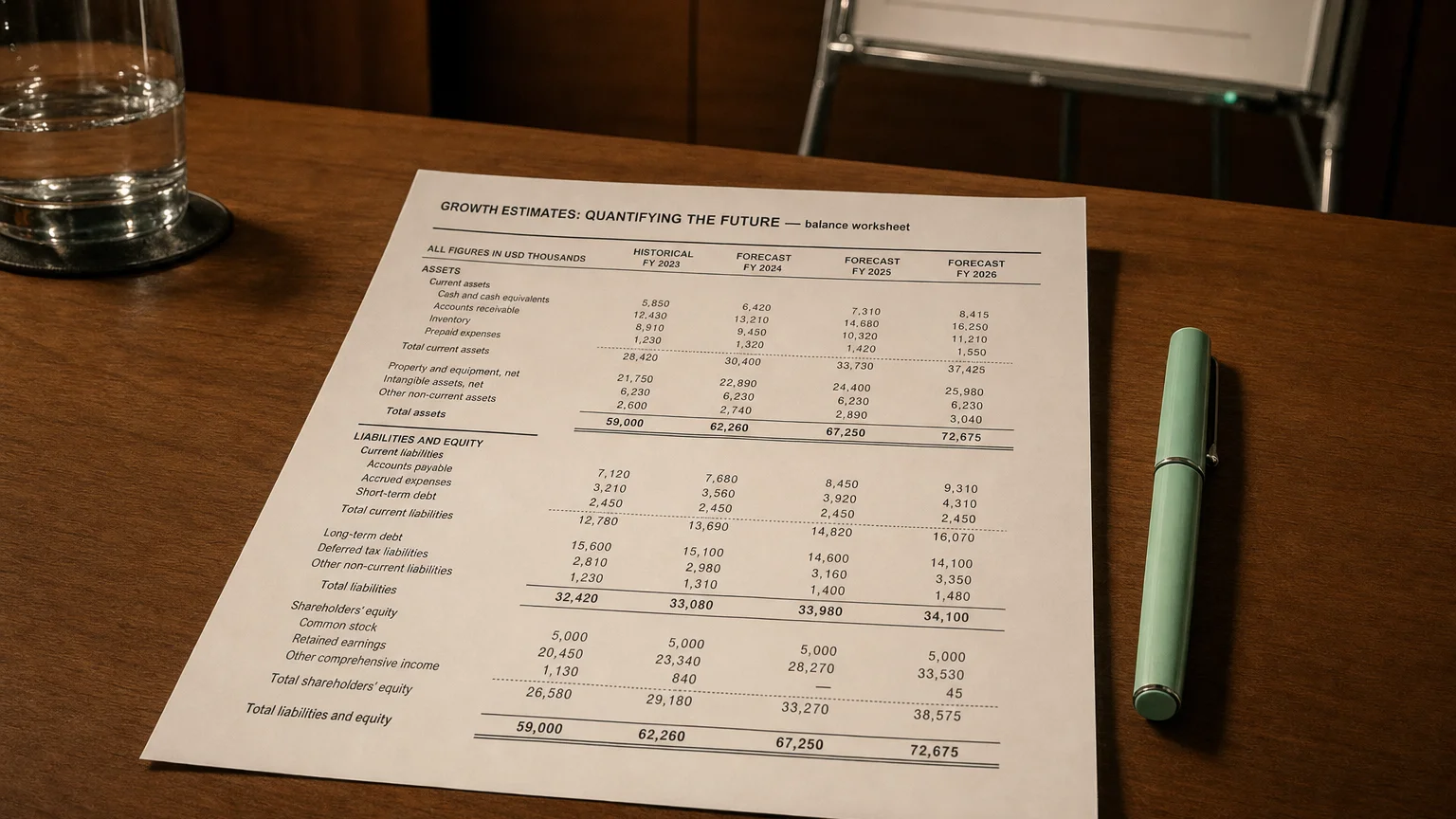 Accounting worksheet showing growth estimates: quantifying the future line items with neat column totals and a fountain pen.