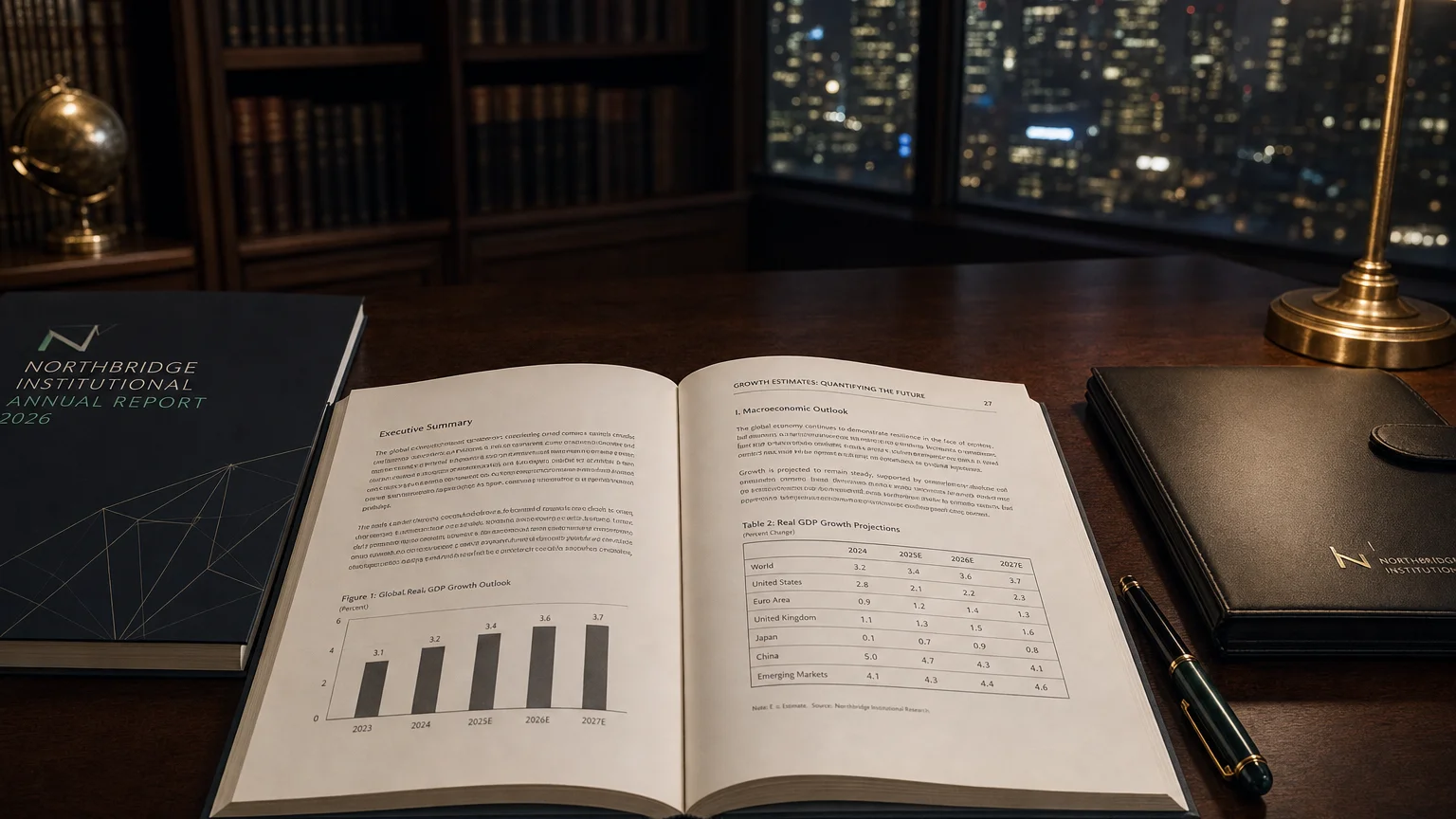 Corporate ledger or annual-report booklet open to the growth estimates: quantifying the future chapter on a wooden desk.