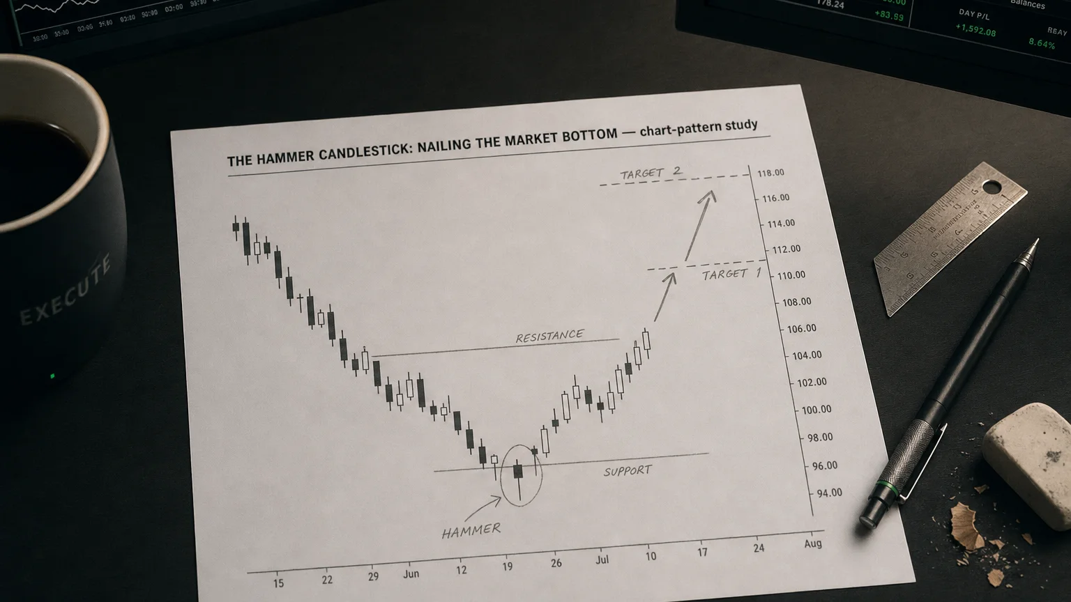 Printed candlestick chart annotated with hand-drawn the hammer candlestick: nailing the market bottom pattern markers on an analyst desk.