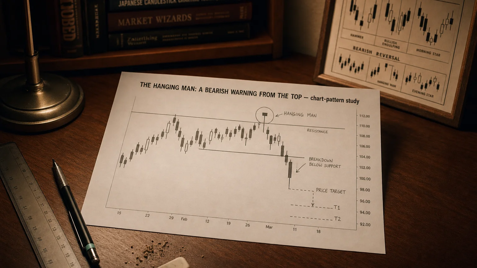 Printed candlestick chart annotated with hand-drawn the hanging man: a bearish warning from the top pattern markers on an analyst desk.