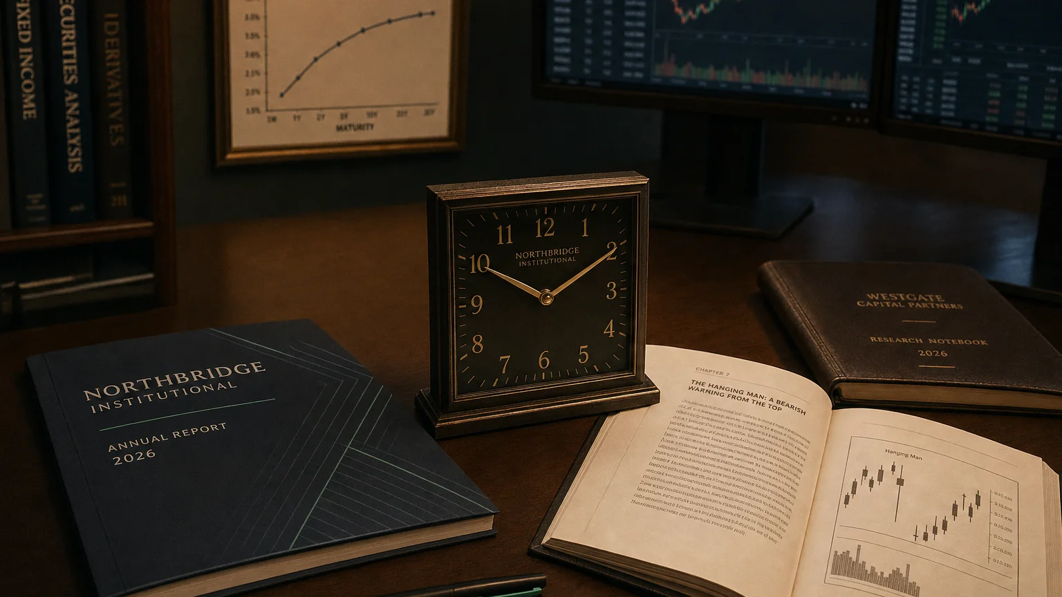 Trading-desk artifact representing the hanging man: a bearish warning from the top — textbook page and bull-or-bear desk sculpture.