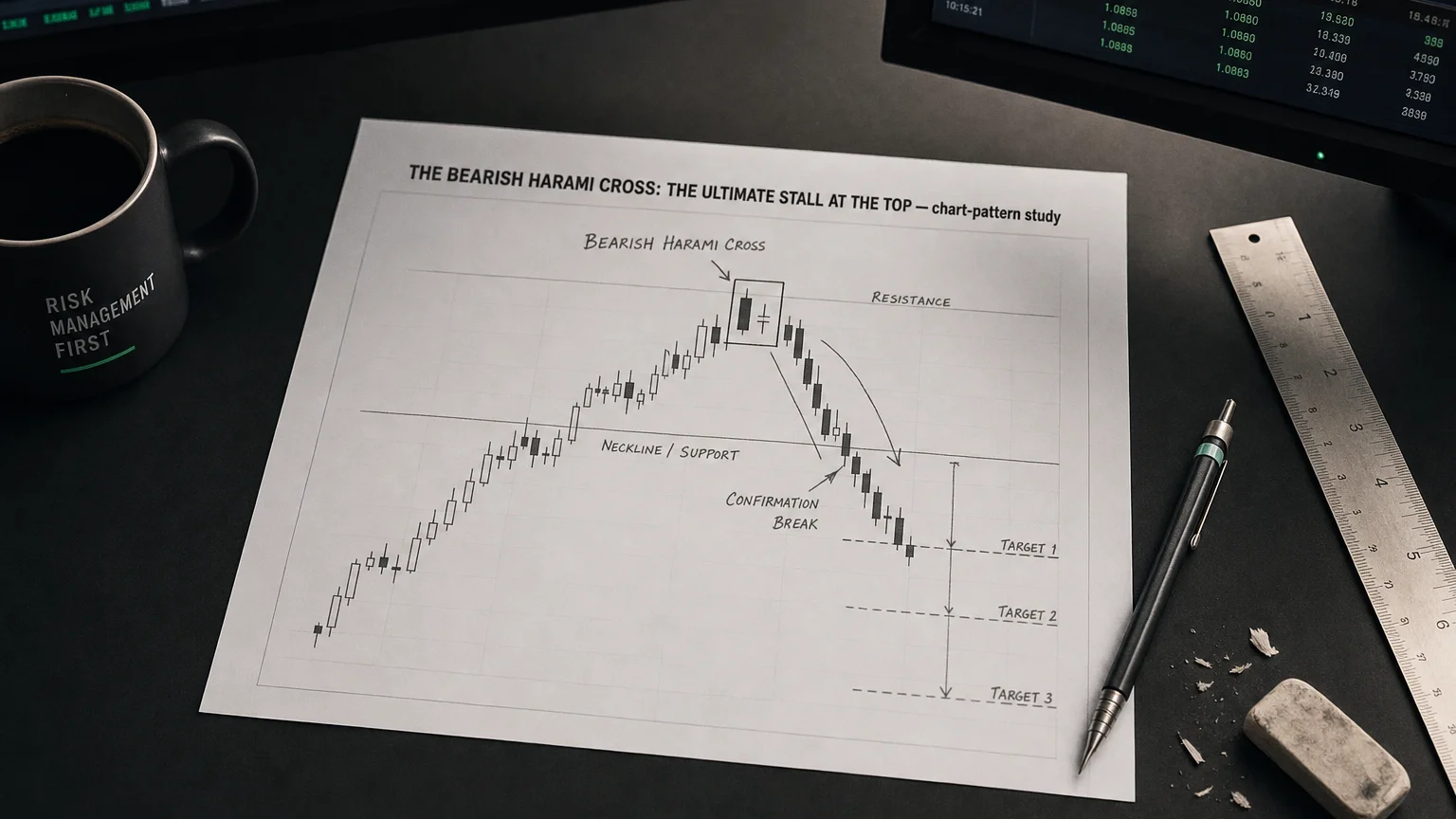 Printed candlestick chart annotated with hand-drawn the bearish harami cross: the ultimate stall at the top pattern markers on an analyst desk.