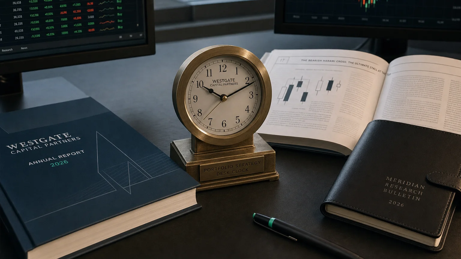 Trading-desk artifact representing the bearish harami cross: the ultimate stall at the top — textbook page and bull-or-bear desk sculpture.
