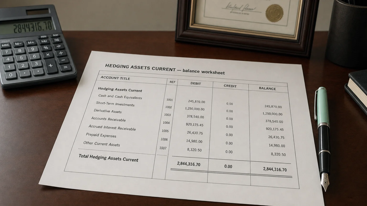 Accounting worksheet showing hedging assets current line items with neat column totals and a fountain pen.