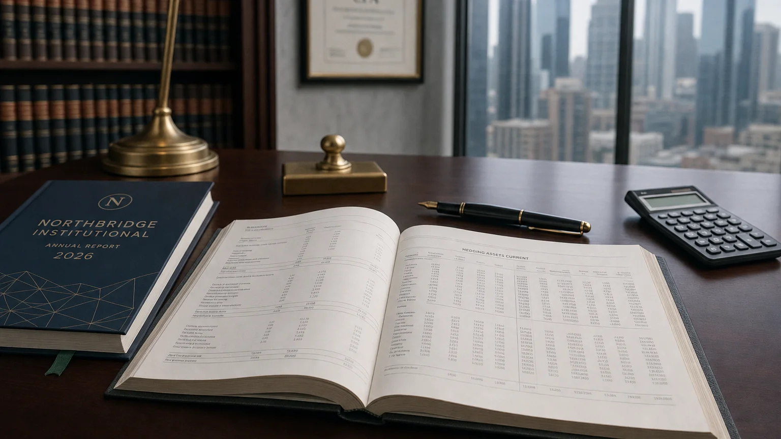 Corporate ledger or annual-report booklet open to the hedging assets current chapter on a wooden desk.
