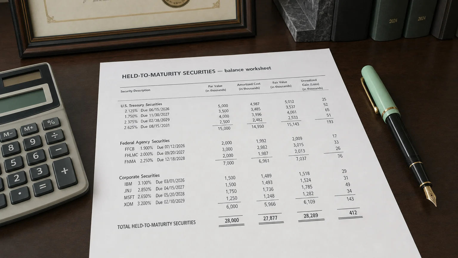 Accounting worksheet showing held-to-maturity securities line items with neat column totals and a fountain pen.
