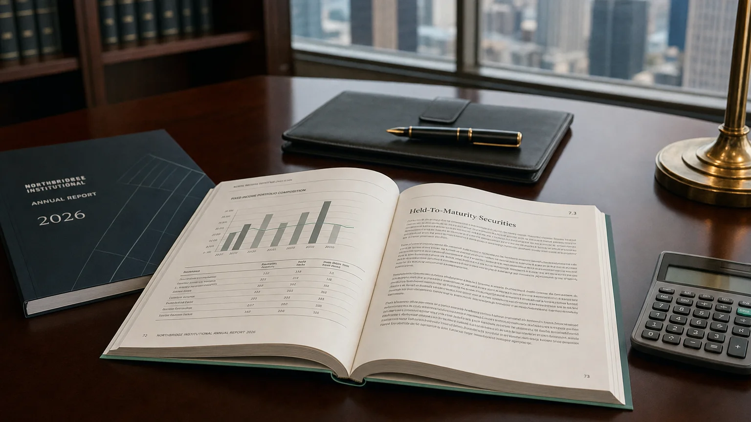 Corporate ledger or annual-report booklet open to the held-to-maturity securities chapter on a wooden desk.