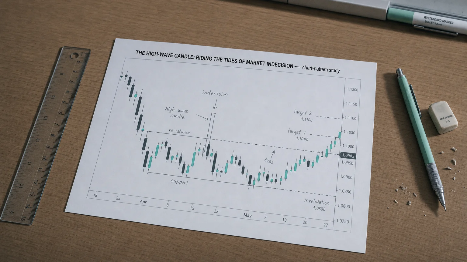 Printed candlestick chart annotated with hand-drawn the high-wave candle: riding the tides of market indeci pattern markers on an analyst desk.