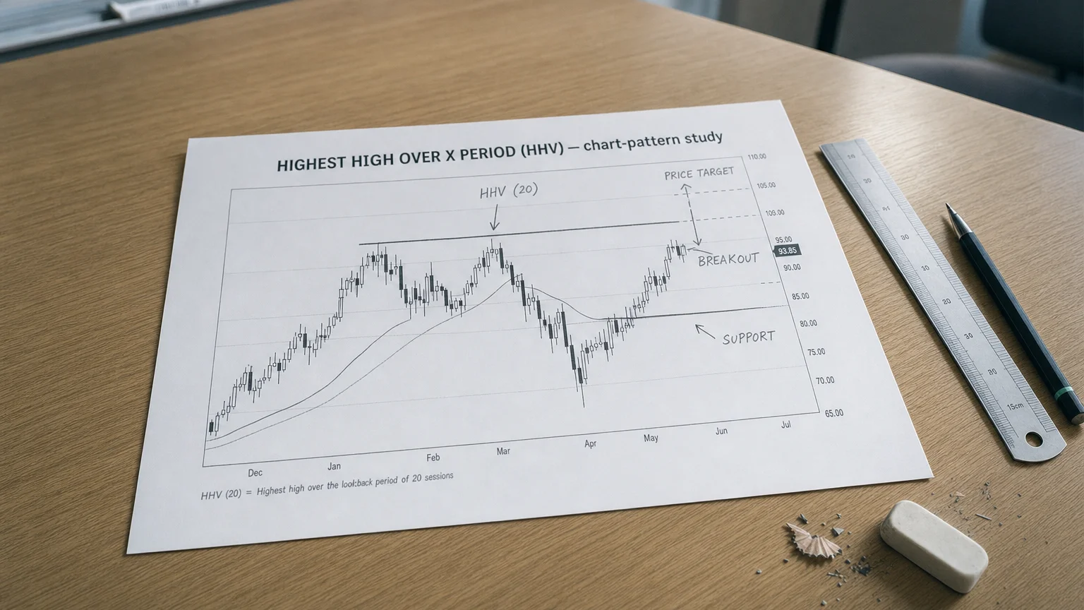 Printed candlestick chart annotated with hand-drawn highest high over x period (hhv) pattern markers on an analyst desk.