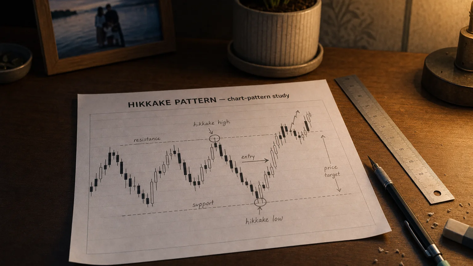 Printed candlestick chart annotated with hand-drawn hikkake pattern pattern markers on an analyst desk.