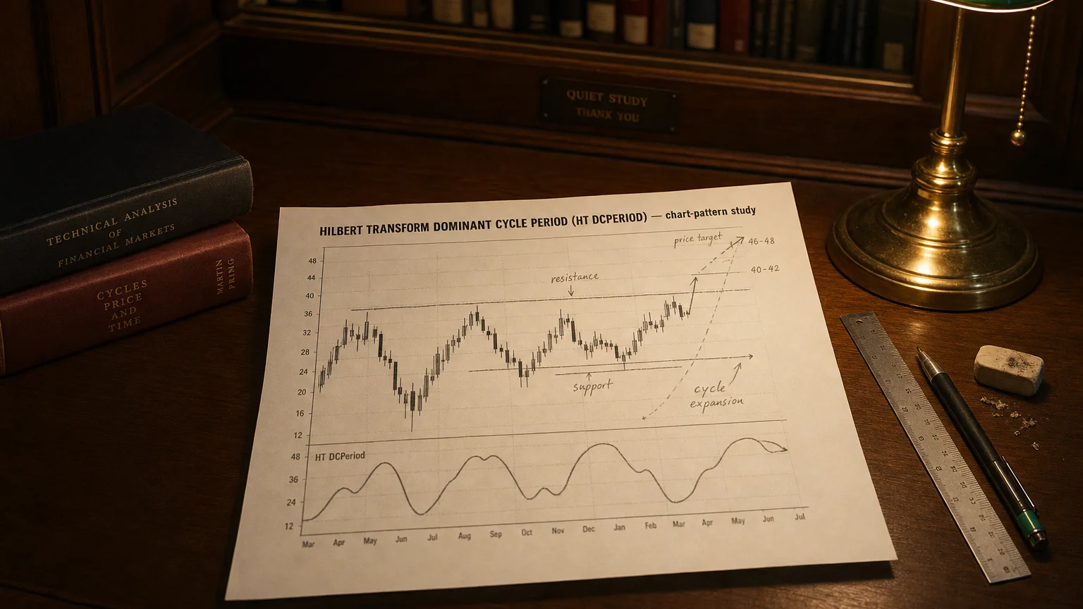 Printed candlestick chart annotated with hand-drawn hilbert transform dominant cycle period (ht dcperiod) pattern markers on an analyst desk.