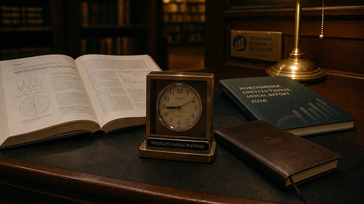 Trading-desk artifact representing hilbert transform dominant cycle period (ht dcperiod) — textbook page and bull-or-bear desk sculpture.