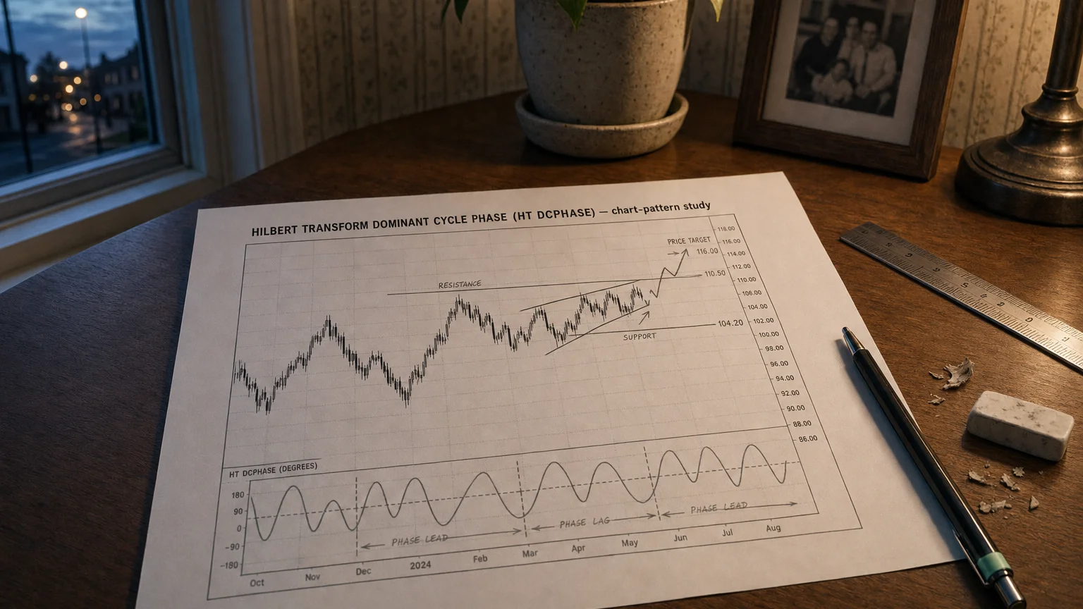 Printed candlestick chart annotated with hand-drawn hilbert transform dominant cycle phase (ht dcphase) pattern markers on an analyst desk.
